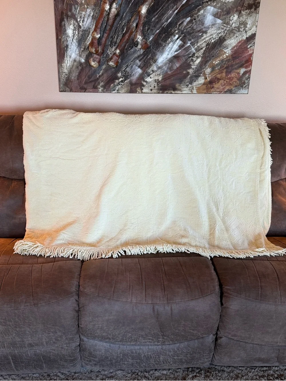 Vintage Cream Woven Fringe Large Blanket
